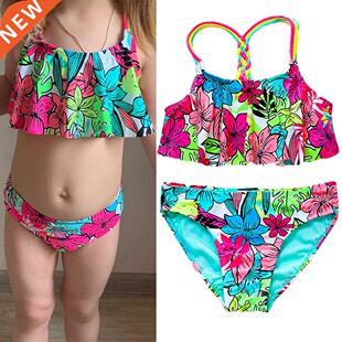 Girls Floral Printing Bathing Suits Ruffle Flounce Two Piece