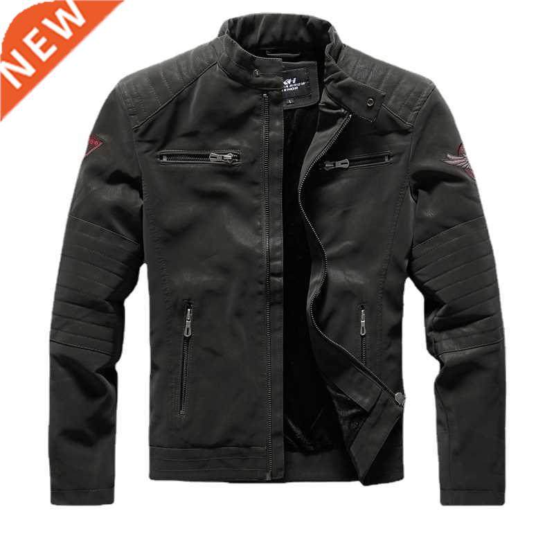 Mens Winter Casual Fleece Leather Jackets Male Stand Collar