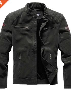 Mens Winter Casual Fleece Leather Jackets Male Stand Collar