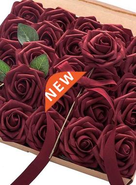 Artificial Flowers 25Pcs Real Looking Burgundy Fake Roses wi