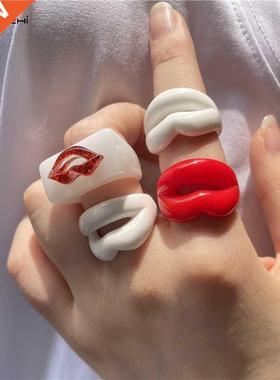 HUANZHI 2021 New Red lip Resin Ring Geoetric Acrylic Rings