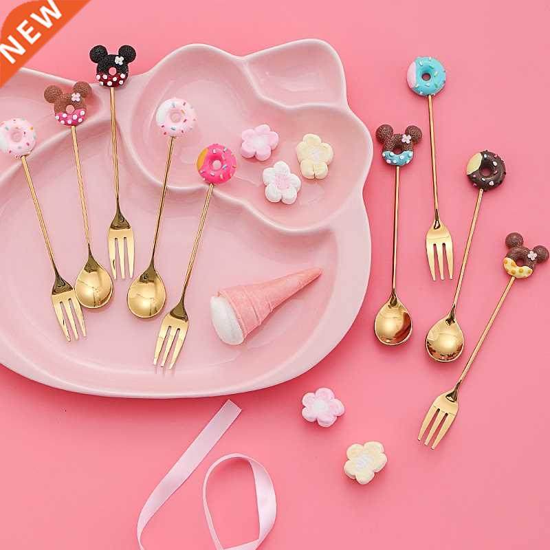 8pcs Golden Mickey Dounts Spoon Stainless Steel Fork Coffee