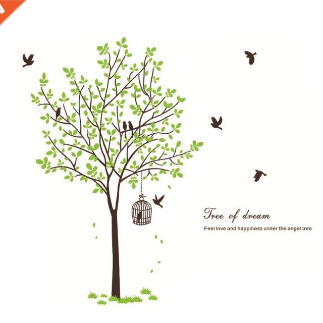 Green Tree Wall Decal Flying Birds Leaves Wall Sticker Remov