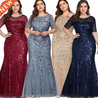 Plus Size Sequin Mesh Mermaid Slim Evening Dress Beaded Leav