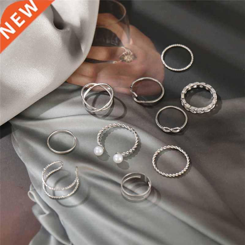 10pcs Punk Gold Wide Chain Rings Set For Women Girls Fashion