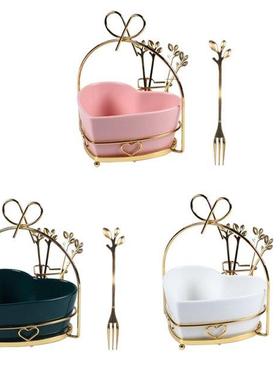 Ceramic Fruit Plate Heart-Shaped Gold Stand Snack Plate Hous
