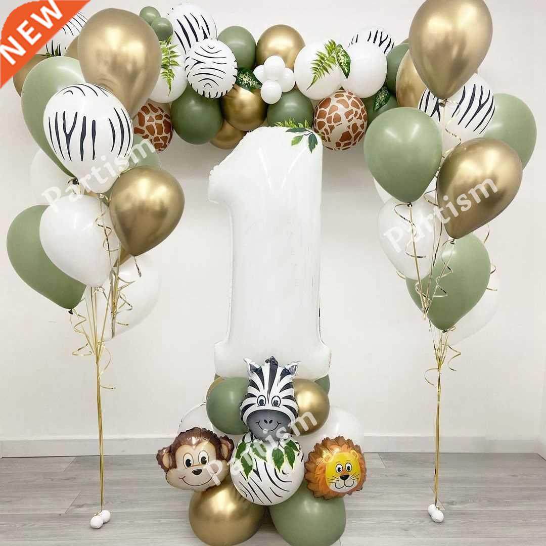 28PCS Jungle Animal Balloon Kit With White Number Monkey Lio