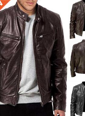 2022 Men Autumn Winter Leather Jacket Slim Fit Stand Collar