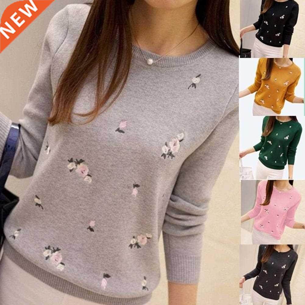 Women Fashion Floral Embroidery O Neck Pullover Knitted Jump