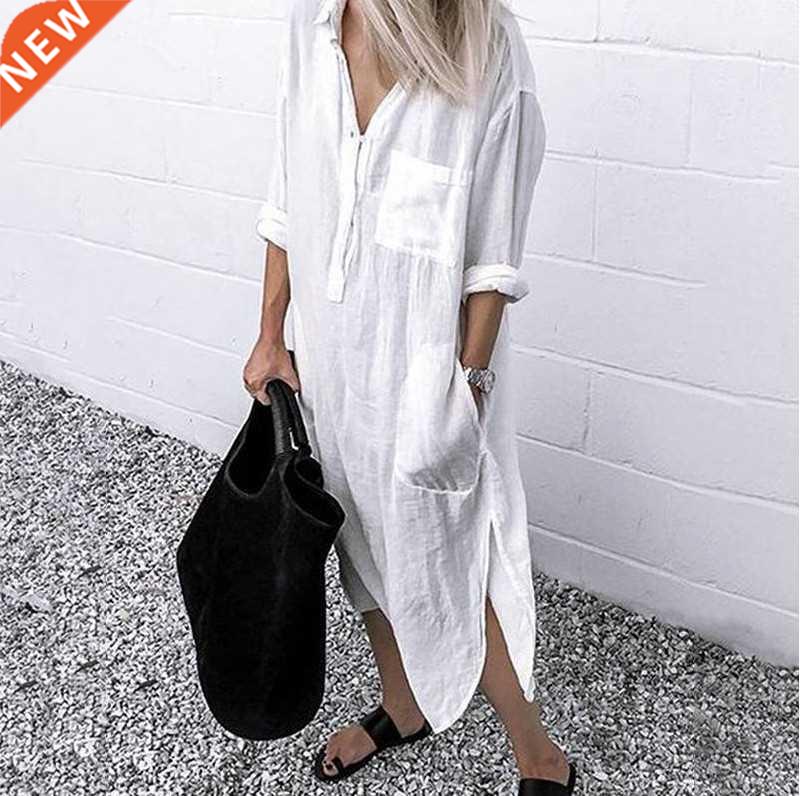 Women Shirt Dress Spring Summer Lapel Button Long Sleeve Sid