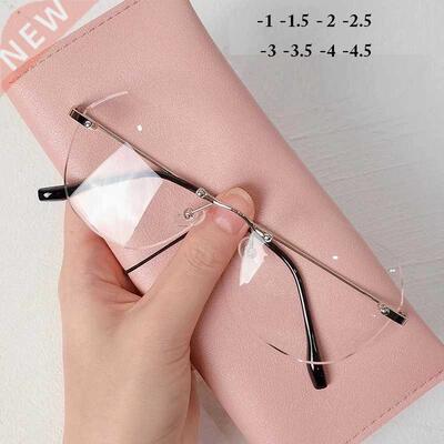 Rimless Finished Myopia Glasses Women Metal Polygon Eyeglass