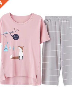 Newest Summer 100%Cotton Cartoon Women Pajamas Set Round Nec