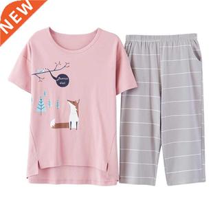 Cartoon Women Pajamas Newest Round 100%Cotton Set Nec Summer