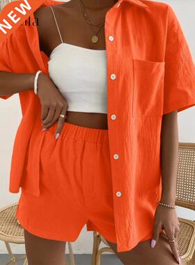 Long Sleeve Single-breasted Top + Broad-legged Shorts Set Fa