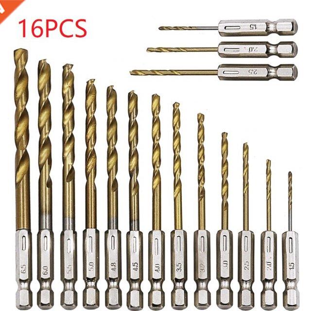 16Pcs HSS Ttanum Coated Drll Bt Set 1.5mm-6.5mm S1/4nch