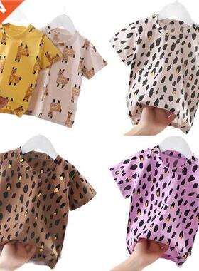 Children's leopard print cotton short-sleeved T-shirt summer