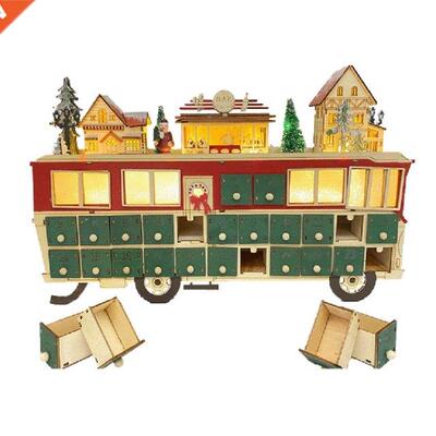 Christmas Wooden Advent Calendar Bus Ornament with Drawers L
