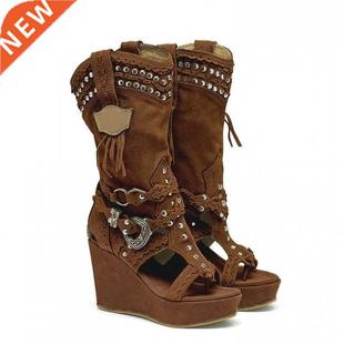 High Heels Ladies Ankle Boots Shoes Retro Cowboy Wedges Boo