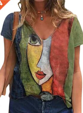 V Neck Tshirt Women's Summer Casual Oversize Print Shirt Top