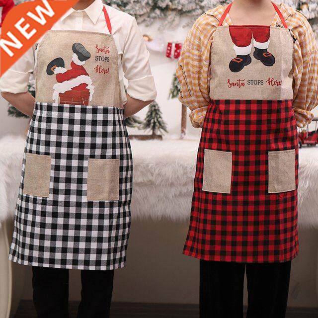 Santa Grid Christmas Apron Oil-Proof Double Pockets Waterpro
