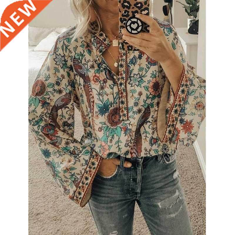 CINESSD 2020 Women Print Blouses Casual Loose Tops Stand V N