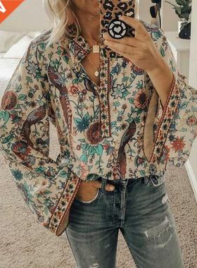 CINESSD 2020 Women Print Blouses Casual Loose Tops Stand V N