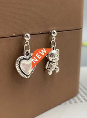 Vintage Peach Heart Bear Asymmetry Earrings rend Jewelry Gif