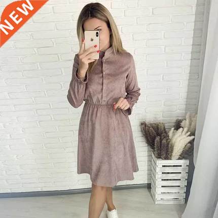 Women Casual Front Button Ruffles A-line Dress Long Sleeve O