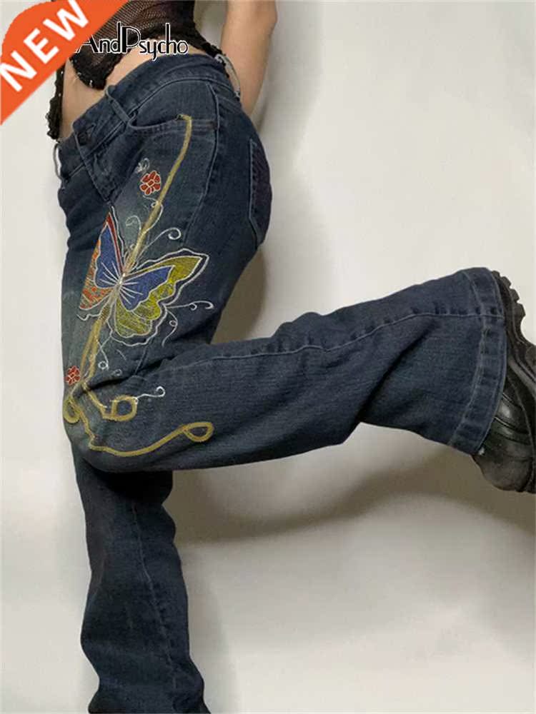 Retro Butterfly Print Y2K Denim Jeans Low Waisted Grunge Vin