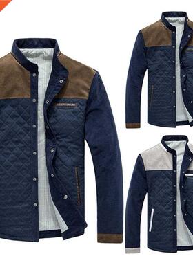 Men Winter Long Sleeve Stand Collar Color Block Buttons up C