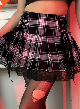Y2K Skirts Women Lace Up Goth Skirt Plaid Lace Up Mini Skirt