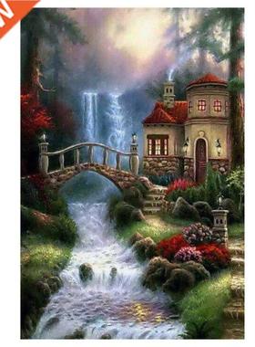 DIY Landscape House Bridge Flowing Water Full Diamond Round