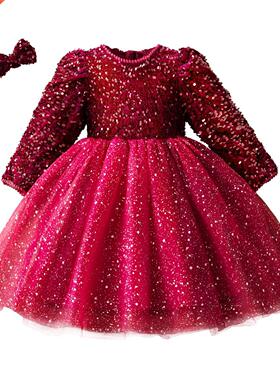 2022 Sequins Girl Dress Spring Evening Party Gown Long Sleev
