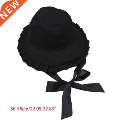Women Sweet Ruffles Wide Brim Bucket Hat with Long Ribbon Lo