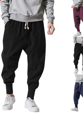 2021 Cotton-linen Pants Men Solid Elastic Waist Joggers Drop