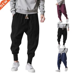Pants Men Joggers Cotton Drop Waist linen Elastic 2021 Solid