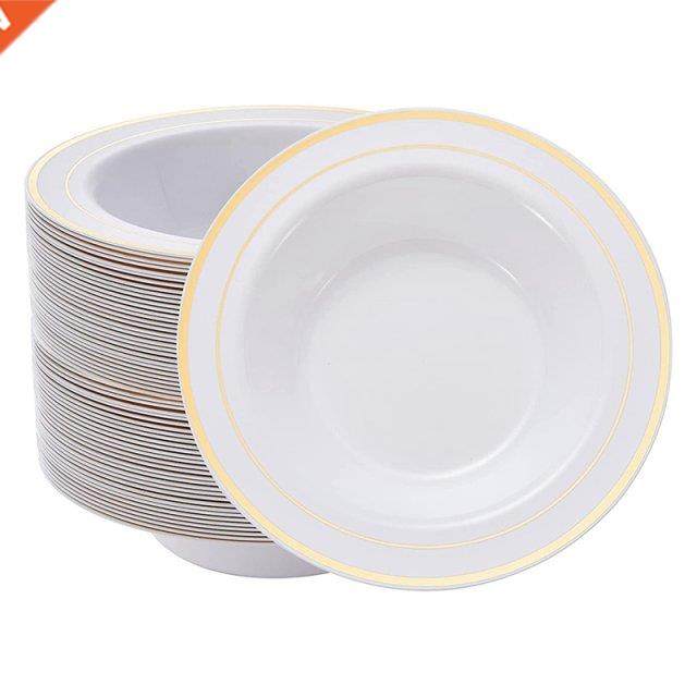 30PCS Plastic Bowls With Gold Rim-12Oz Disposable Soup Bowls
