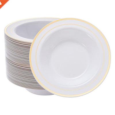 30PCS Plastic Bowls With Gold Rim-12Oz Disposable Soup Bowls