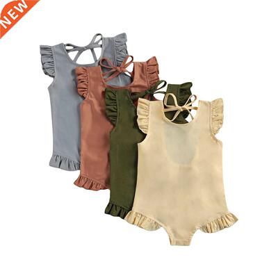 Toddlers Baby Girl Kids Swimwear Solid Color O-Neck Ruffle F