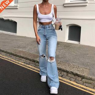 High Sreet Women's Jeans Y2K High Waist Ripped Denim Jeans S