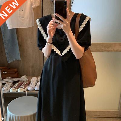 Korean lace splicing big turn V collar dress female pburn