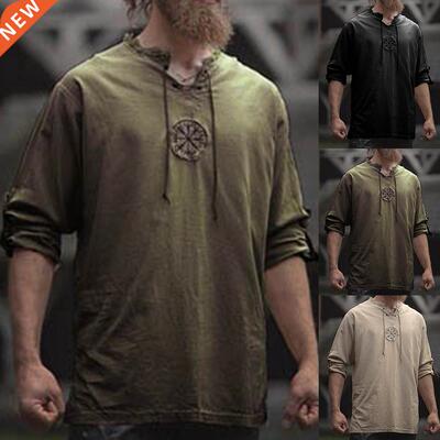 Men Plus Size Shirt Top Ancient Viking Embroidery Lace Up V