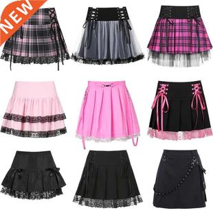 E-girl Gothic Lace Mini Pleated Skirt Women Punk Y2K Aesthet