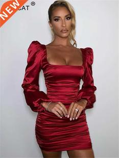 Dress Satin Solid Women For Ruched Sleeve Puff New Articat