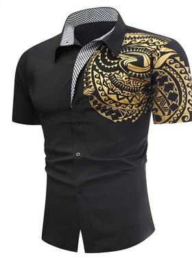 Luxury Gold Black Shirt Men New Slim Fit Short Sleeve Camisa