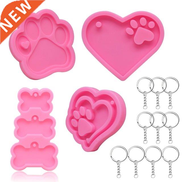 4 Pieces Dog Paw Silicone Moulds with 10pcs Keyrings Heart D