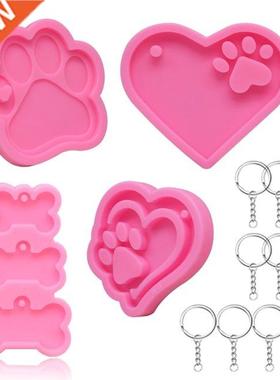 4 Pieces Dog Paw Silicone Moulds with 10pcs Keyrings Heart D