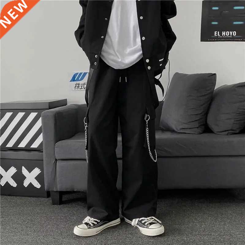 Goth Punk Black Cargo Pants With Chain Streetwear Men Wide L