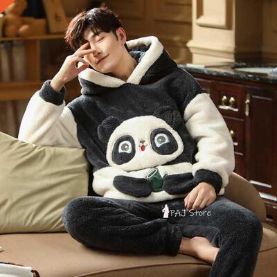 Large Bust Warm Man Fleece Pajamas Winter Men Thick Hood Fla
