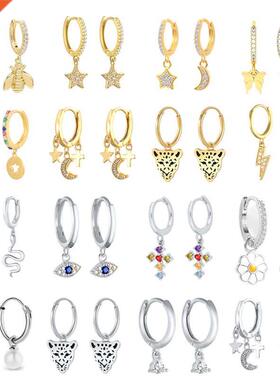 CNNER Hoop Errings Blck Pnther Moon Str Cross 925 Sterl